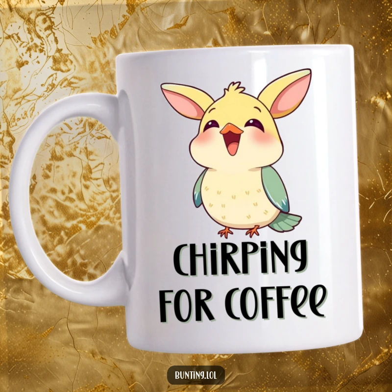 Funny Mug featuring a cute bunting bird happily chirping with its beak wide open, conveying pure avian joy.