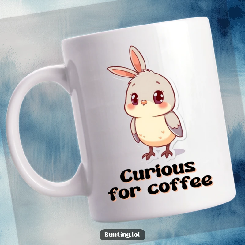 Funny Mug featuring a cute bunting bird looking curious with its head cocked to the side, showing interest.