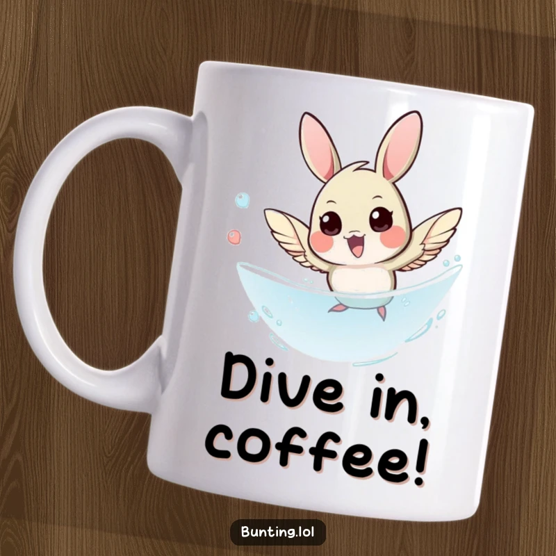 Funny Bunting Mug showing a small bird in a swift, agile dive, full of energy and playful determination.