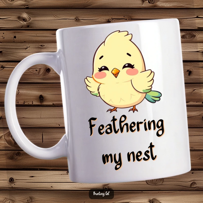 Funny Mug of a cute bunting character happily fluffing its feathers with evident delight and joy.