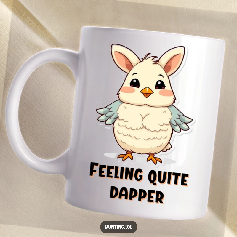 Funny bunting bird mug, fluffing its chest feathers with immense pride and confidence, radiating a humorous sense of self-importance.