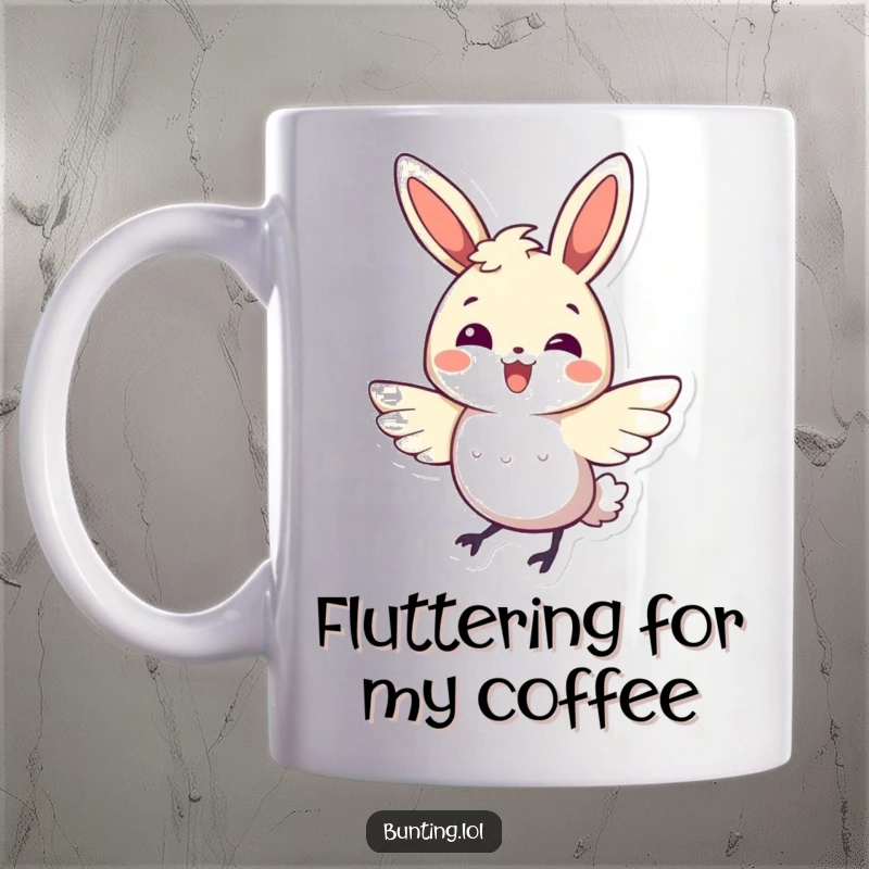 Funny bunting bird mug showing a character mid-energetic wing flutter, radiating pure happiness and joy.