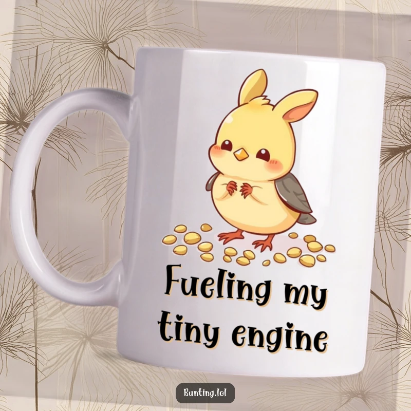 Funny Pecking Bunting Mug: A small bunting bird happily pecking at a pile of seeds, looking adorable.