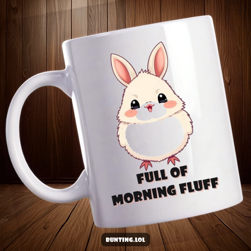 Funny bunting bird mug featuring a bird puffed up with fluffy excitement, showing pure joy, a delightful and humorous gift.