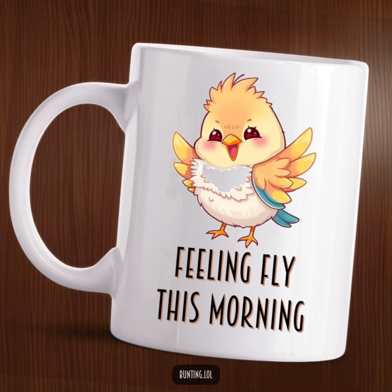 Funny bunting bird mug featuring a bunting character playfully fluffing its colorful feathers, capturing a moment of avian vanity and humorous self-care.