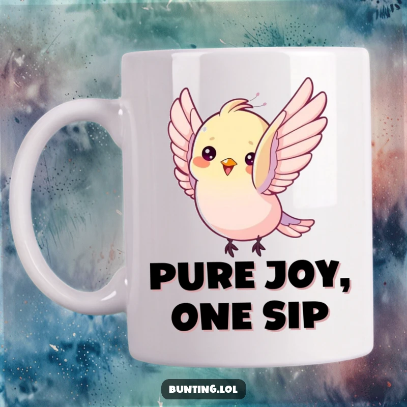 Funny Mug: A bunting bird flutters its wings with pure delight, showcasing exuberant and humorous happiness.