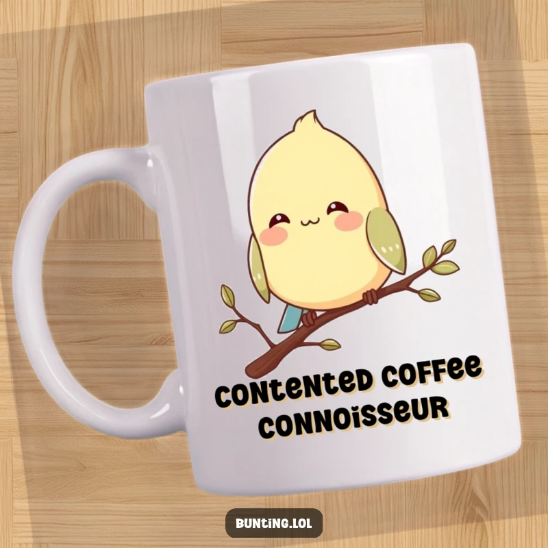 Funny bunting bird mug showing a character perched contentedly on a branch with a slight, happy smile.