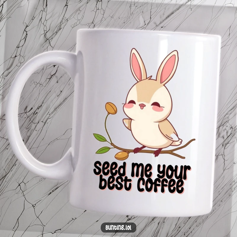 Funny bunting bird mug showing a character tilting its head curiously towards a seed, full of gentle interest.