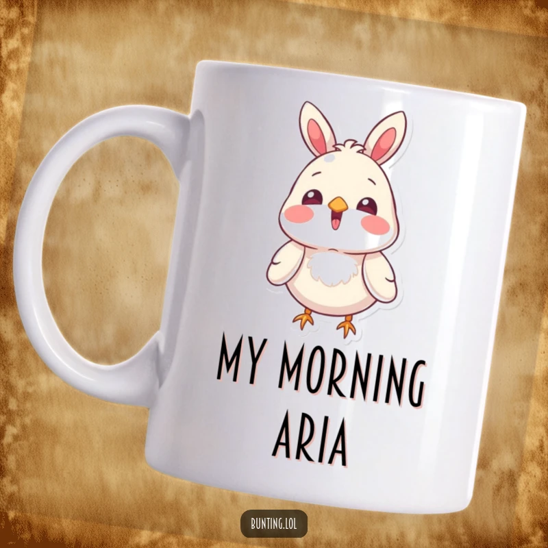 Funny bunting bird character with beak open, as if singing a sweet melody, on a mug, conveying joy and musical spirit.