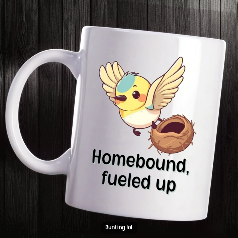 Funny bunting mug depicting a bird with a determined expression soaring through the air towards its nest, symbolizing focus.
