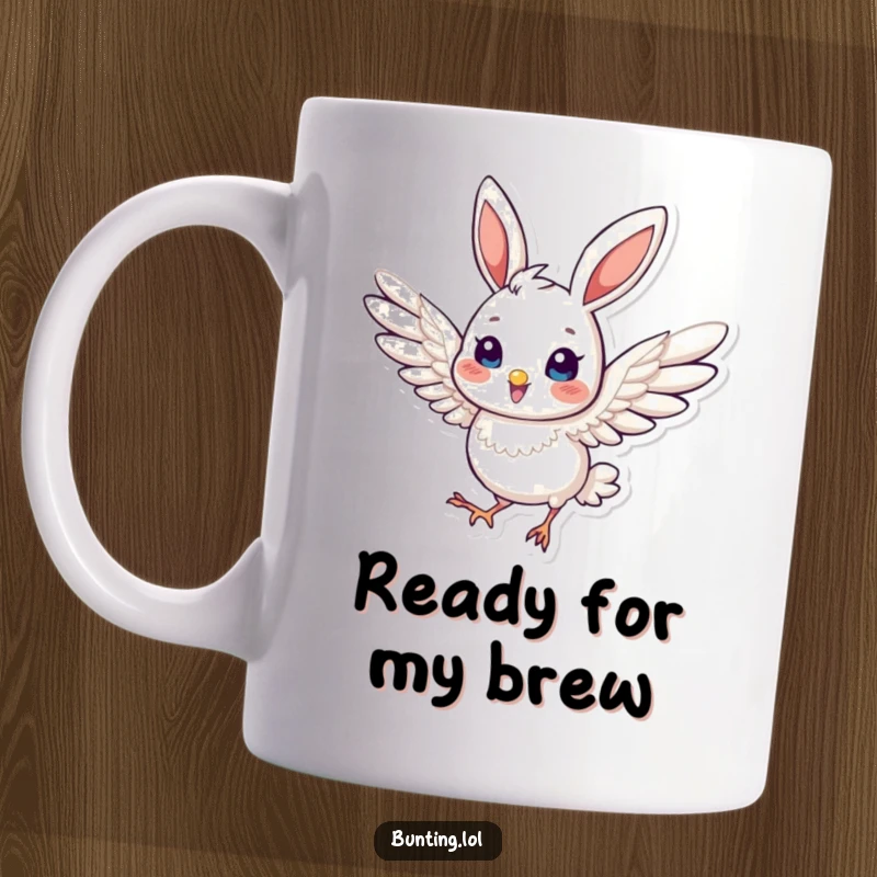 Funny Mug featuring a cute bunting bird in a dynamic pose with wings slightly extended, conveying action and movement.