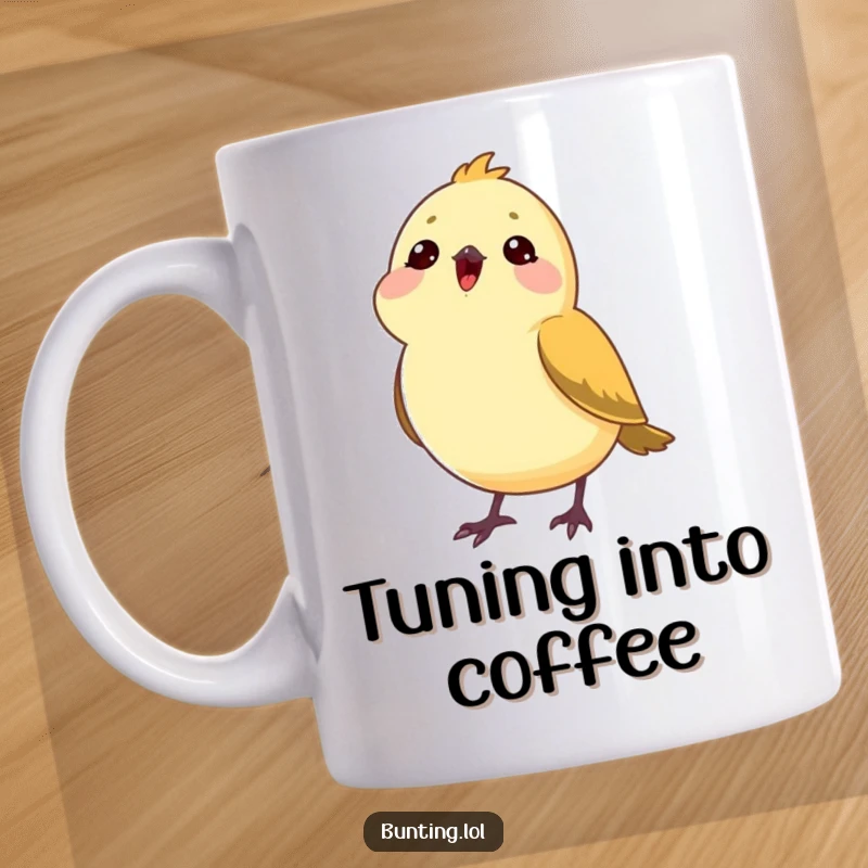 Funny bunting bird mug showing a bunting tilting its head, appearing to enjoy a beautiful song, full of musical appreciation.