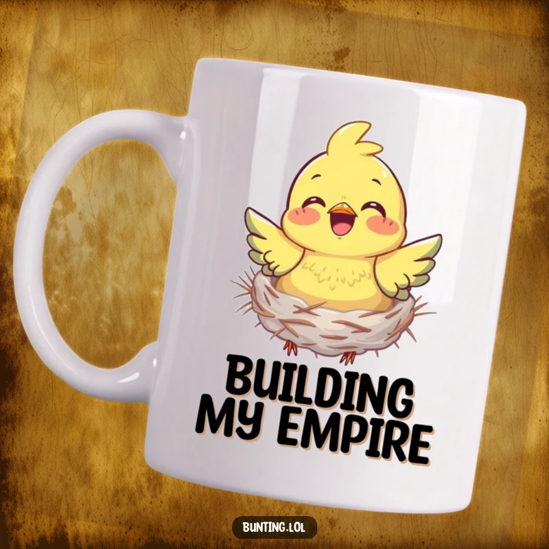 Funny bunting mug showing a bird busily and joyfully gathering nesting material, radiating cheerful energy and purpose.