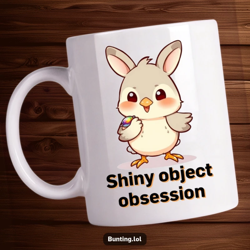 Funny Bunting Mug showing a small bird playfully pecking at a shiny object with intense curiosity.