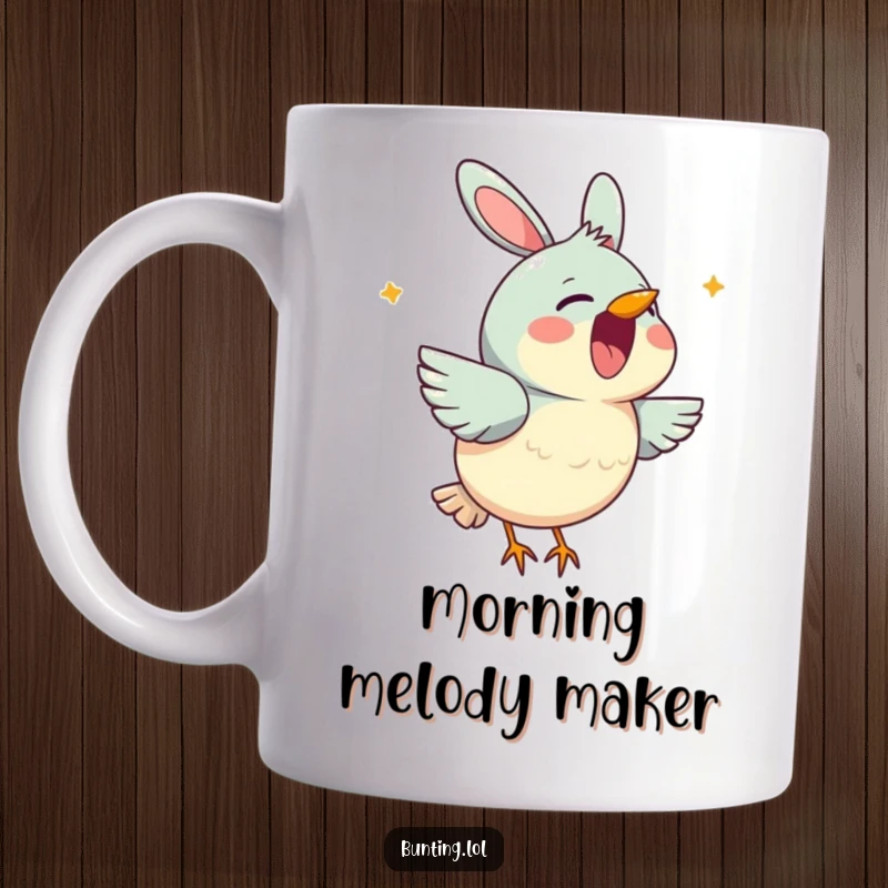 Funny bunting mug showing a cute bird character cheerfully singing with its beak wide open, radiating happiness and melody.