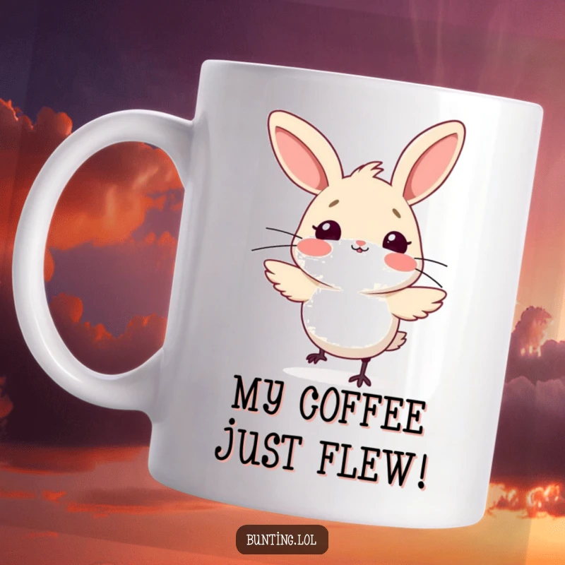 Funny bunting bird mug, looking comically surprised as a strong gust of wind ruffles its feathers, creating a humorous scene.