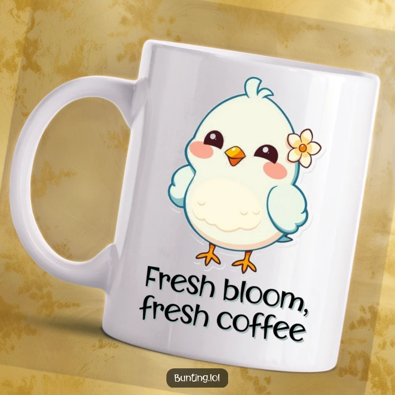 Funny Mug featuring a cheerful bird character with a tiny, delicate flower tucked adorably behind its ear, exuding happiness.