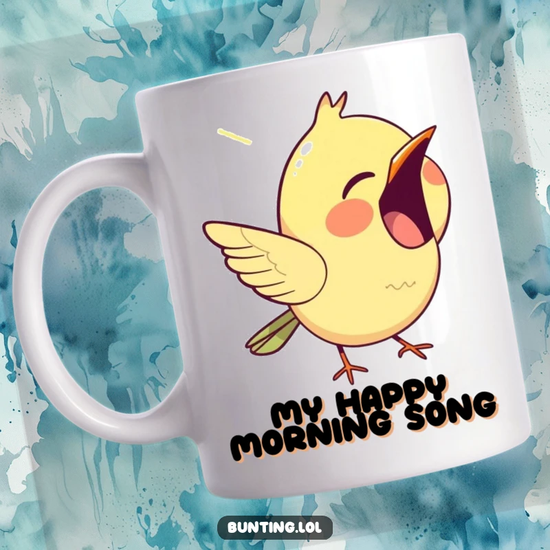 Funny bunting mug, depicting a happy bird chirping with its beak wide open, radiating pure joy and song.