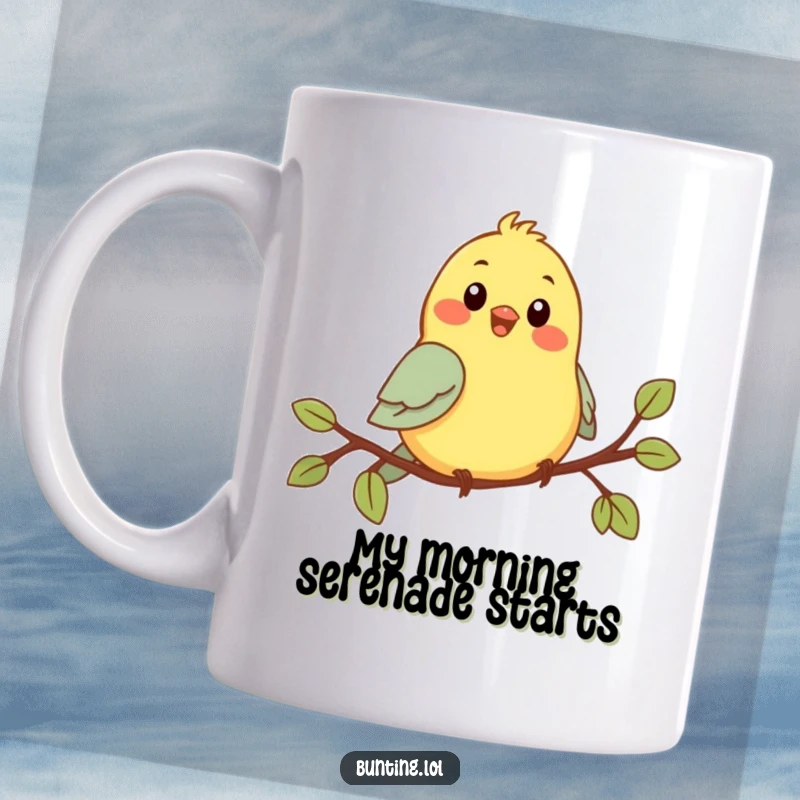 Funny Chirping Bunting Mug: Cute bird with wide eyes joyfully singing a cheerful song on a branch.
