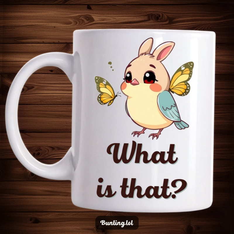 Funny bunting mug showing a curious bird tilting its head at a passing butterfly, symbolizing wonder and playful inquiry.