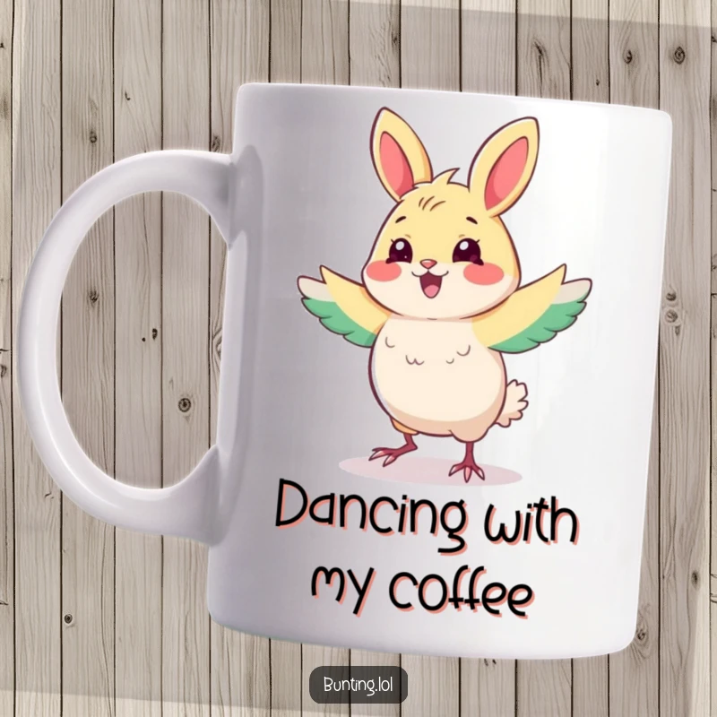Funny Dancing Bunting Mug featuring a cute bunting bird doing a funny, energetic dance, a perfect gift for anyone who loves to laugh.