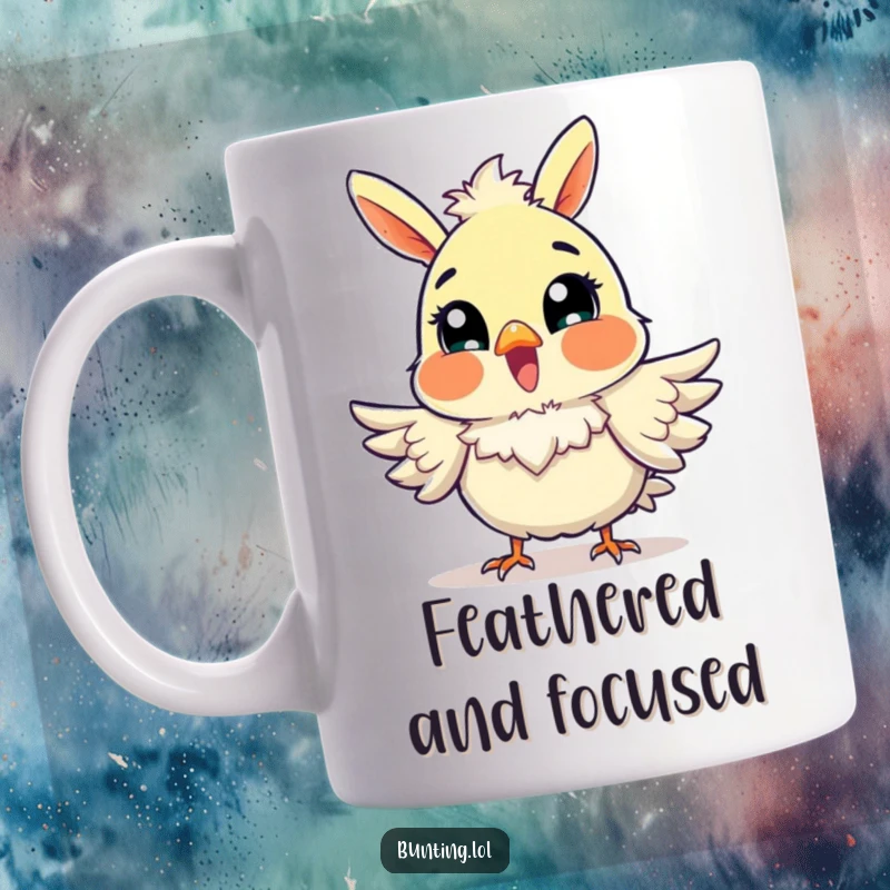 Funny Bunting Mug showing a small bird looking incredibly excited while fluffing its feathers with glee.