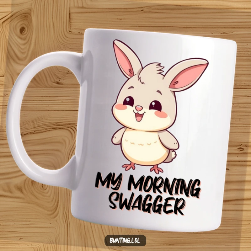 Funny Mug of a cute bunting character proudly doing a happy head bob, showing self-assurance and delight.