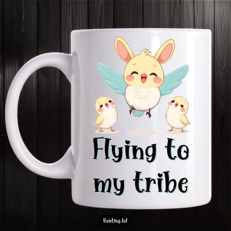 Funny bunting bird joyfully fluttering its wings as it flies towards a group of waiting friends on this mug.