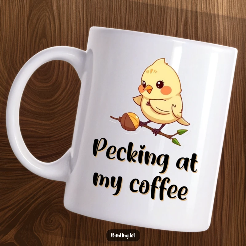 Funny Pecking Bunting Mug featuring a cute bunting bird playfully pecking at a small seed, a perfect gift for bird lovers.