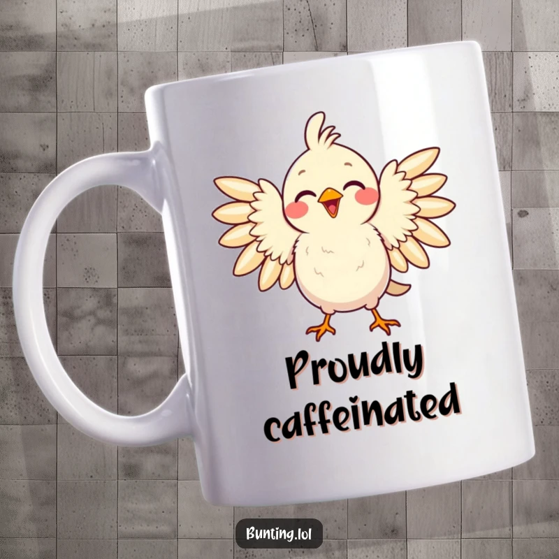 Funny mug featuring a delighted bird puffing out its colorful feathers with an expression of pure pride and joy.