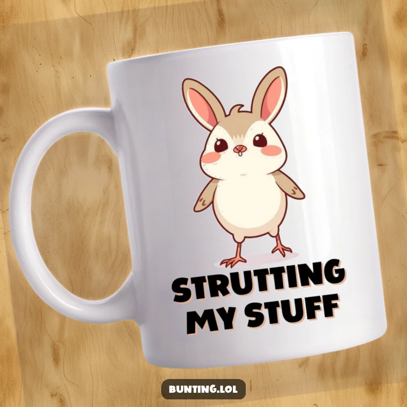 Funny Bunting Mug showing a small bird doing a tiny, proud strut with a confident and amusing expression.