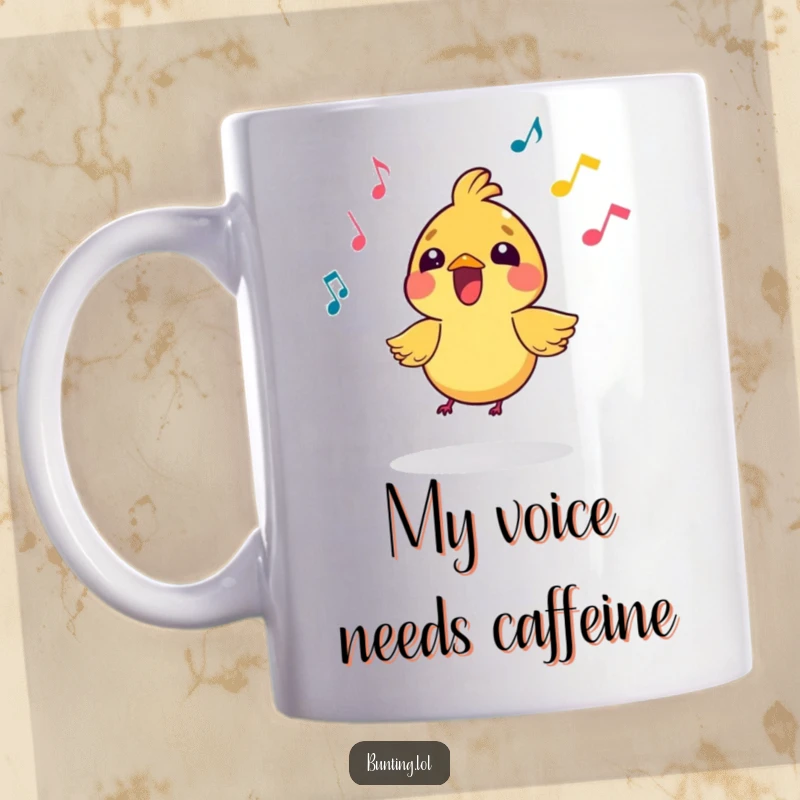 Funny Mug featuring a vibrant, small bird character enthusiastically singing, with animated musical notes floating around its head, expressing pure joy.