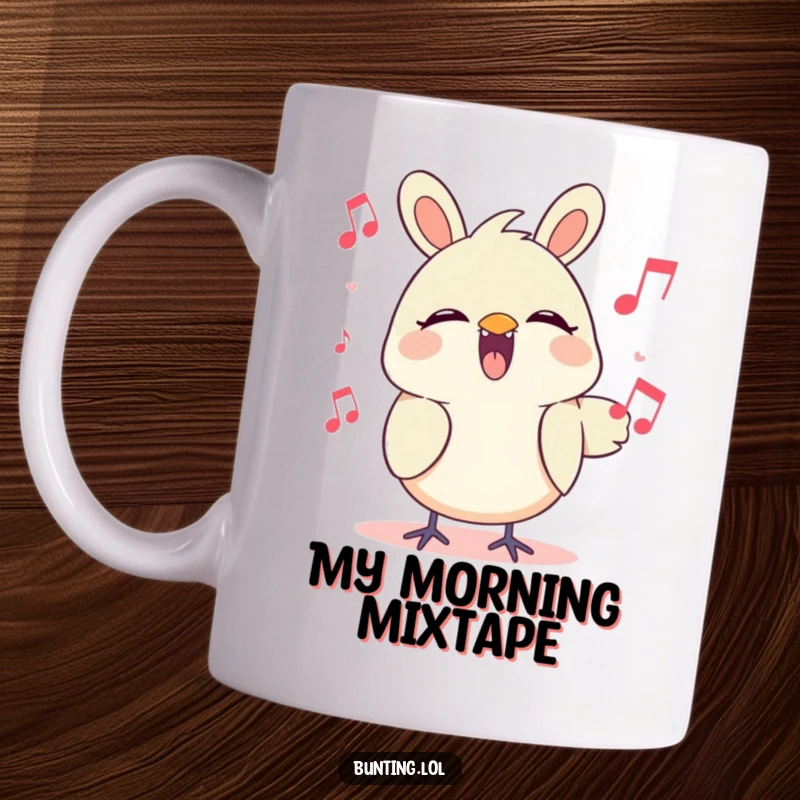 Funny Mug of a cute bunting character joyfully singing a melodic tune, spreading musical cheer with happy vibes.