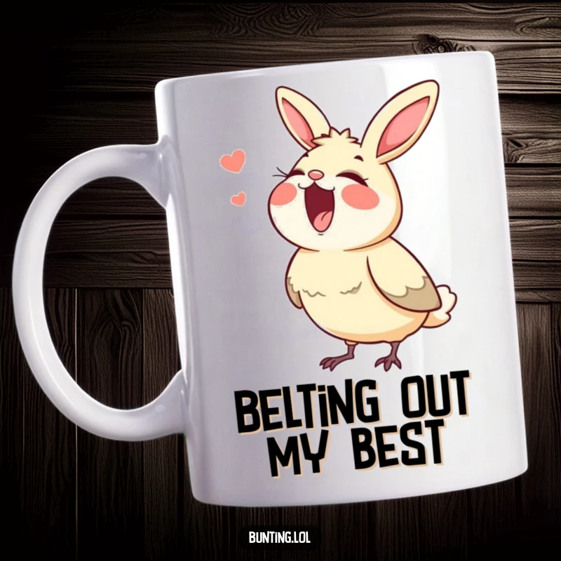 Funny bunting mug, depicting a bird singing its heart out with its beak wide open in full voice.