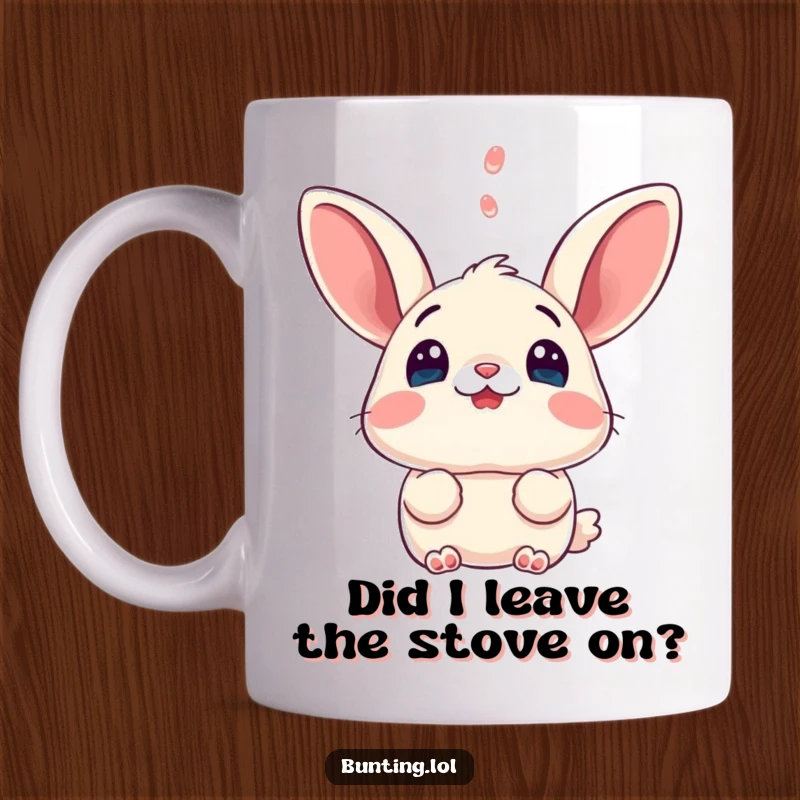 Funny bunting mug, caught in a moment of hilarious surprise, looking upwards with wide, questioning eyes.