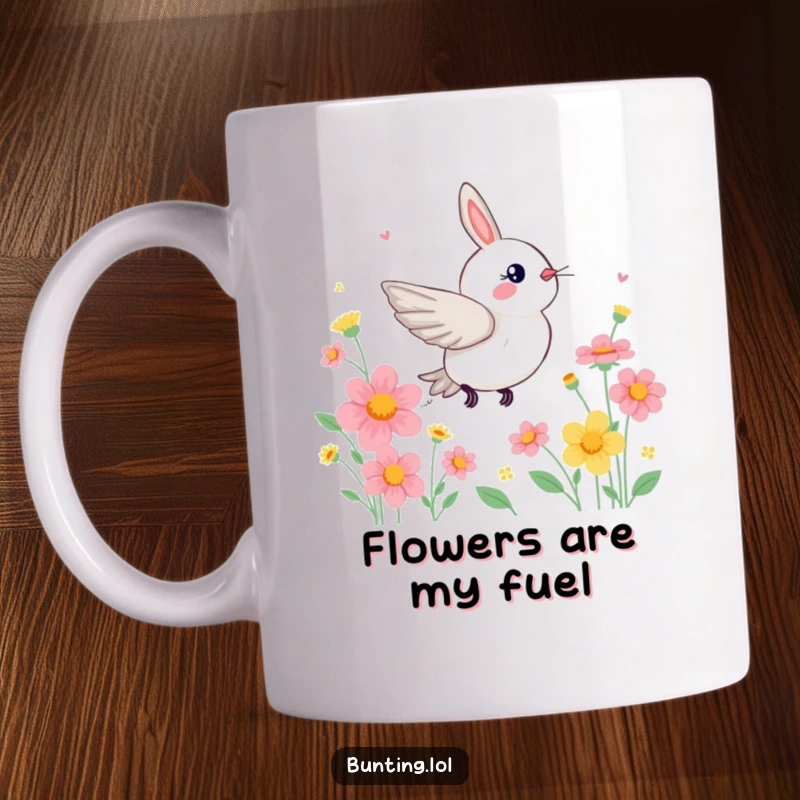 Funny Bunting Mug showing a bird zipping excitedly through colorful flowers, perfect for garden enthusiasts.
