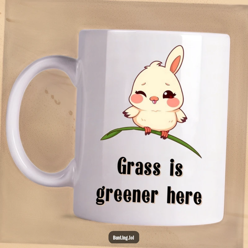 Funny bunting mug with a mischievous grin winking from a swaying blade of grass, capturing playful and cheeky energy.