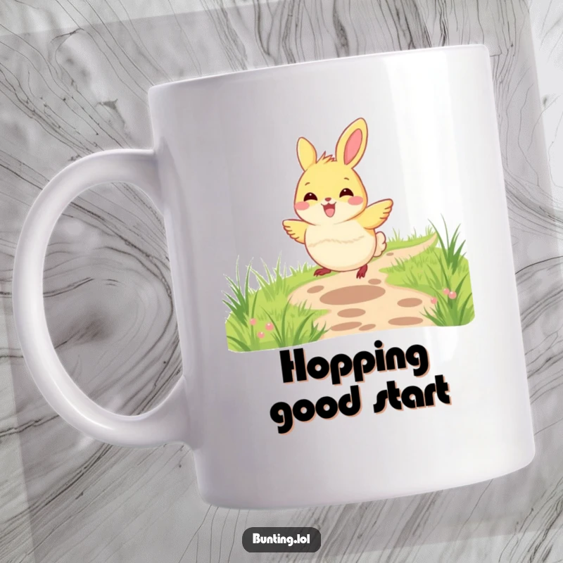 Funny bunting bird mug showing a happy bunting joyfully hopping along a grassy path, full of energetic movement.