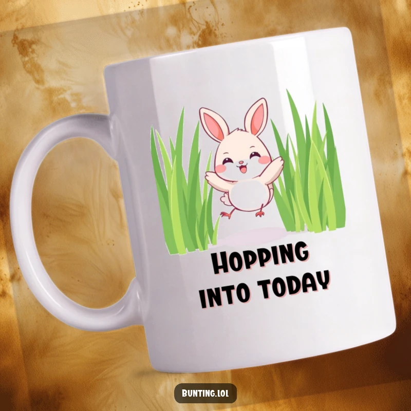 Funny Bunting Mug showing a cute bird joyfully hopping among tall blades of grass with a happy expression.