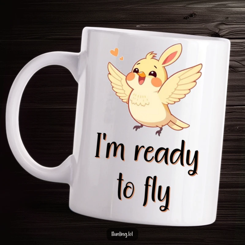 Funny bunting bird mug featuring an excited bunting character joyfully fluttering its wings in the air, capturing a moment of pure, unadulterated glee.
