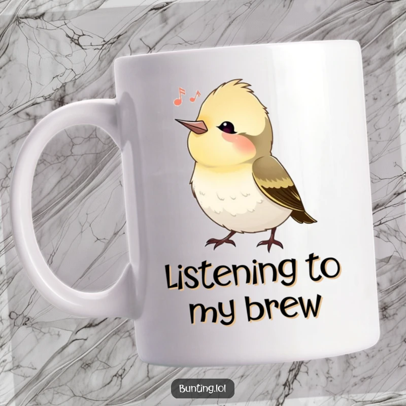 Funny bunting bird mug with a bird tilting its head, appearing to listen to music, a thoughtful and humorous gift.