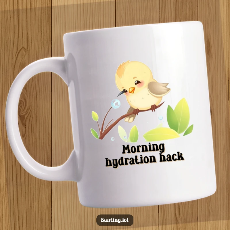 Funny Mug featuring a cute bunting bird playfully pecking at a sparkling dewdrop, showcasing its curious and cheerful nature.