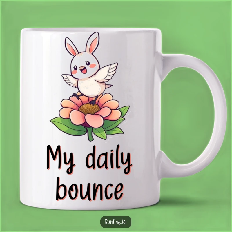 Funny Bunting Flower Hop Mug: Energetic Character's Joyful Leap, Perfect Funny Gift