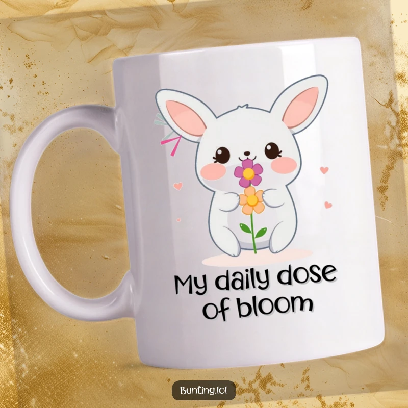 Funny Bunting Mug featuring a small bird smiling as it offers a tiny, colorful flower.