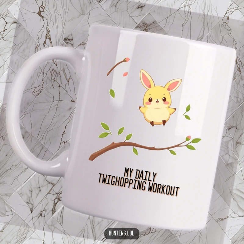 Funny bunting bird mug featuring a cheerful character mid-hop between twigs, showcasing playful movement and a joyful spirit.