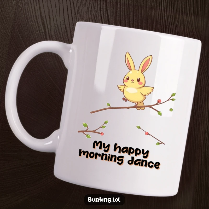 Funny Hopping Bunting Mug: Energetic bunting bird happily jumping from one perch to another.