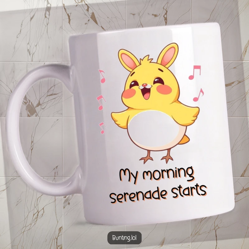 Funny bunting bird mug featuring a cheerful bunting character joyfully singing its melodic tune, capturing a moment of pure avian happiness and humor.
