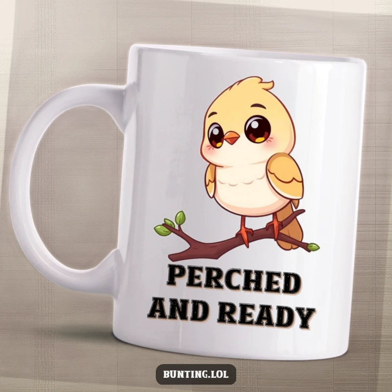 Funny mug featuring a cheerful bird with large, expressive eyes, perched on a twig, observing the world with humor.