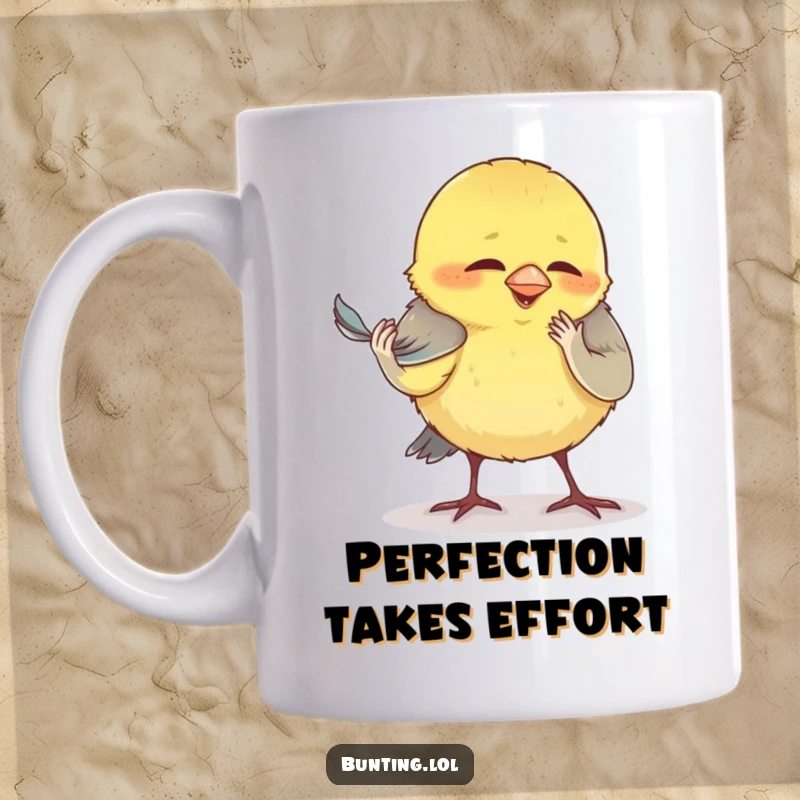 Funny bunting mug, humorously depicting a bird comically focused on preening its very smallest feather.