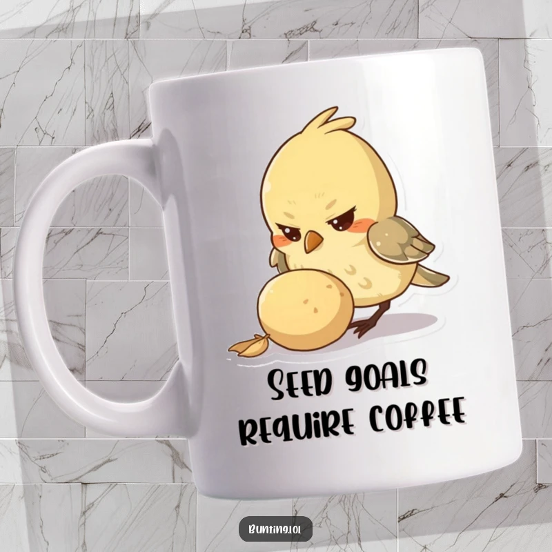 Funny Mug displaying a small bird character with a fiercely determined look, intensely pecking at a comically large seed, symbolizing focus.